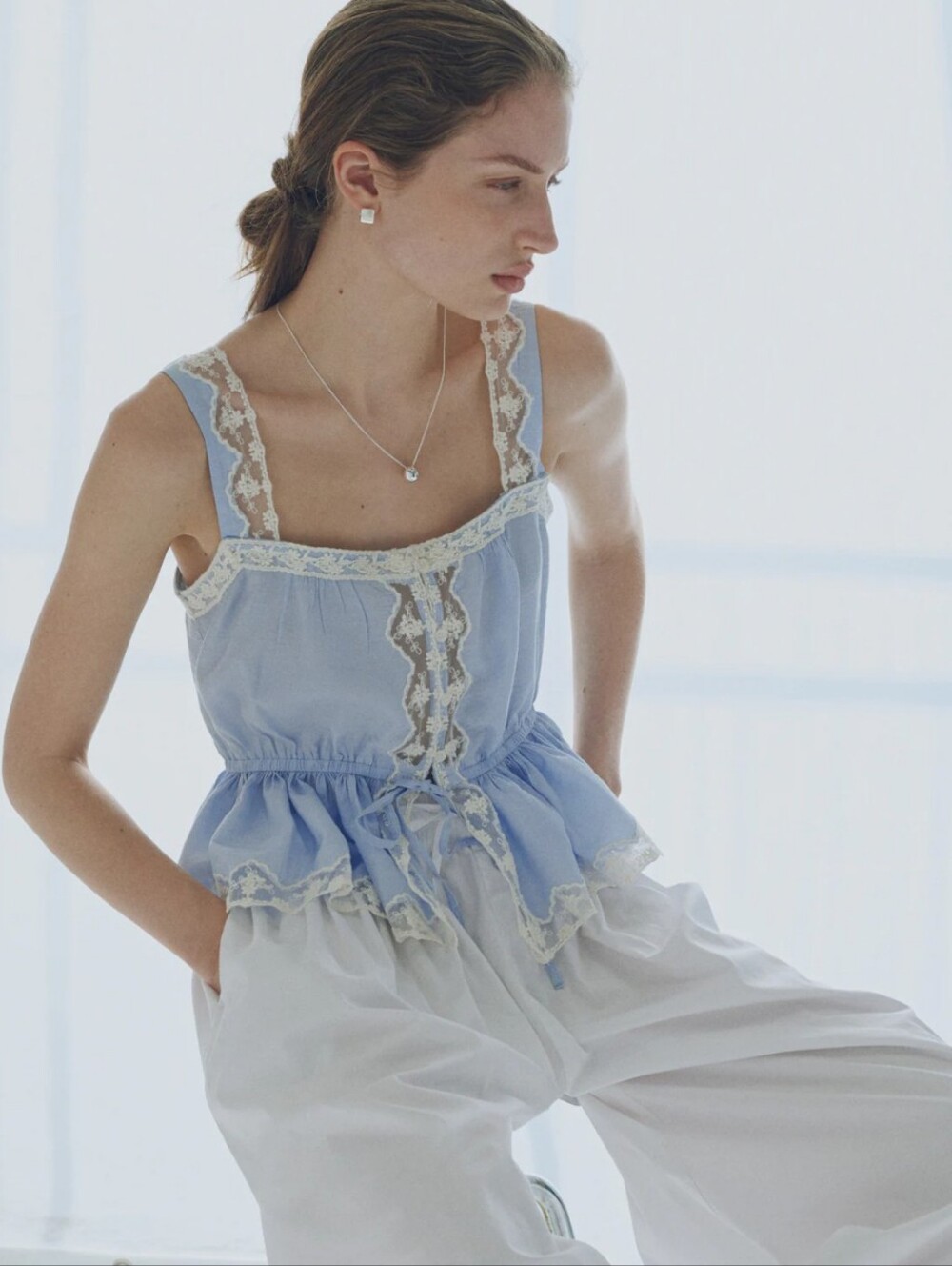 H&M NWOT Size Medium Light Blue Lace-Trim Peplum Tank Top